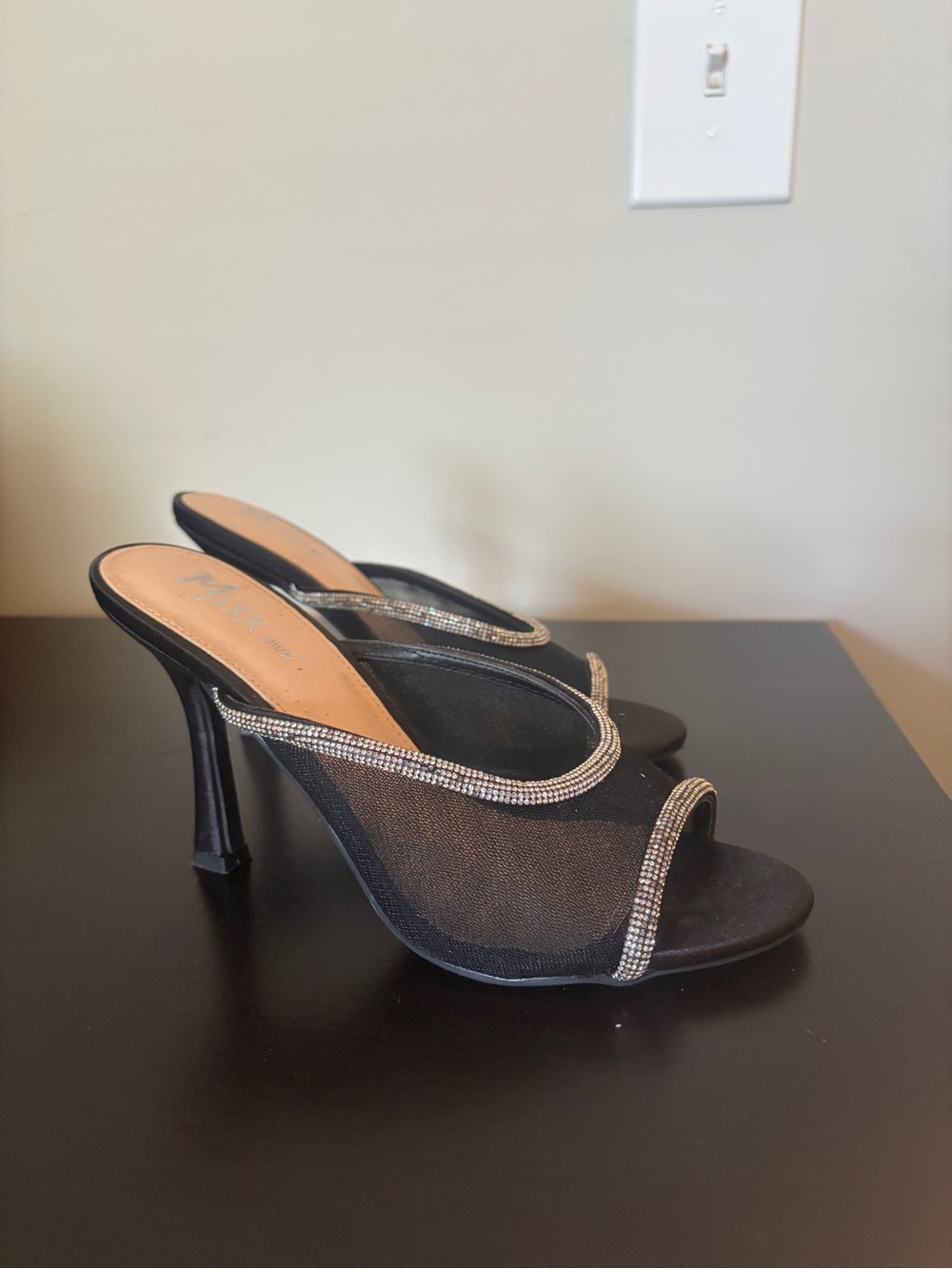 Fashion Nova Black Mesh Heeled Mules with Rhinestone Trim